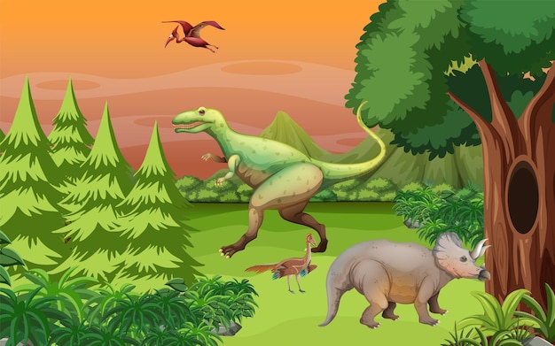 Cena com muitos dinossauros na floresta