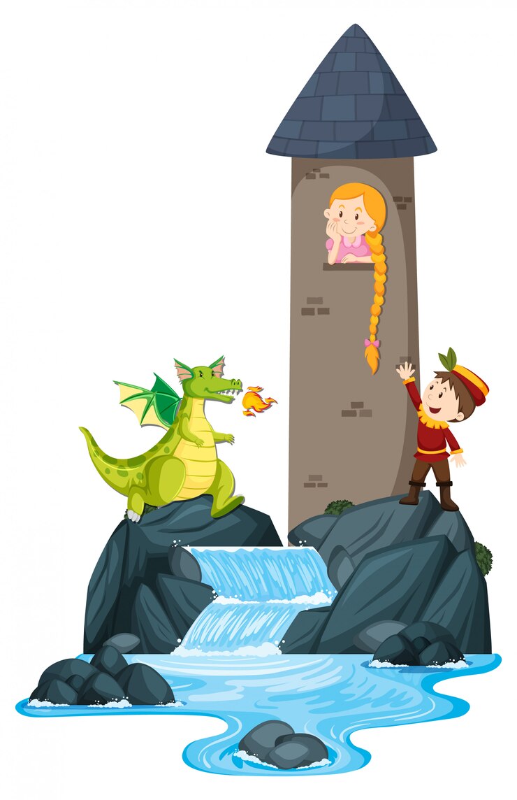 Vetor grátis cena com o príncipe salvando a princesa na torre