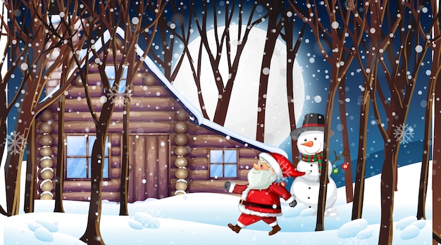 Cena com Papai Noel e boneco de neve na noite de neve