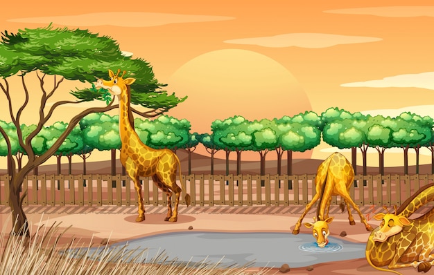 Vetor grátis cena com três girafas no zoológico