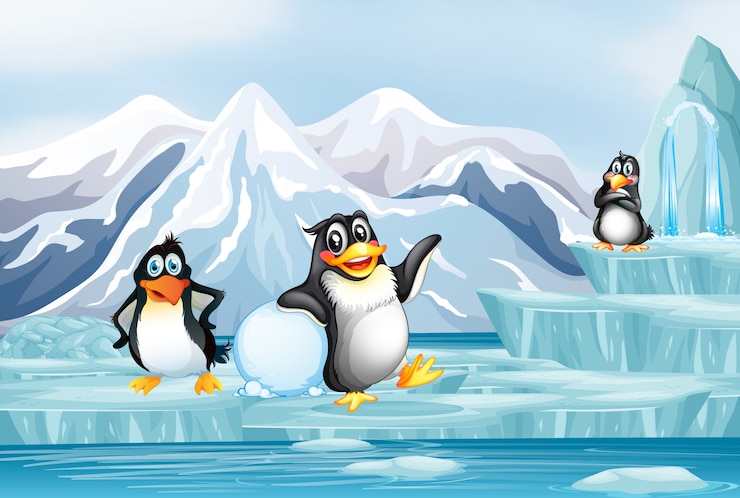 Vetor grátis cena com três pinguins no gelo