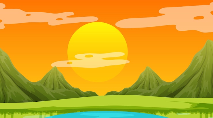 Vetor grátis cena da natureza à noite com paisagem de prados e fundo de montanha
