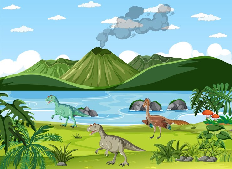 Vetor grátis cena da natureza com árvores nas montanhas com dinossauro
