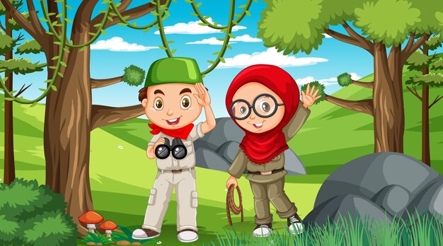 Cena da natureza com crianças muçulmanas explorando a floresta