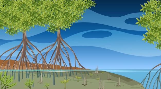 Vetor grátis cena da natureza com floresta de mangue ao pôr do sol no estilo cartoon