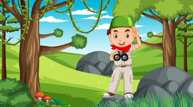 Cena da natureza com um personagem de desenho animado de um menino muçulmano explorando a floresta