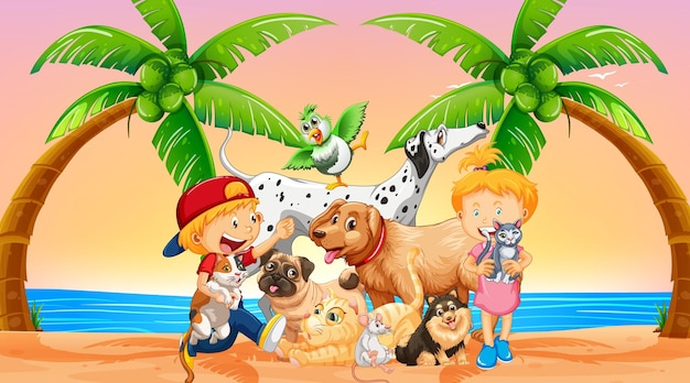 Cena da praia ao ar livre no pôr do sol com um grupo de animais de estimação e crianças