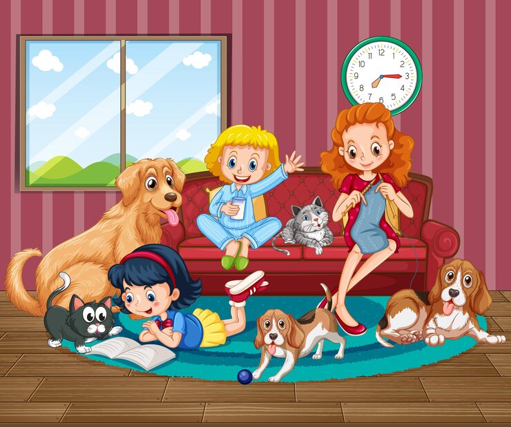 Vetor grátis cena da sala com família e cachorros felizes