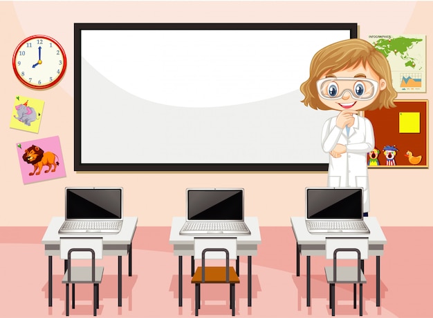 Vetor grátis cena da sala de aula com professor de ciências e computadores