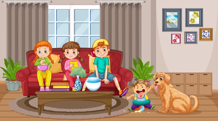 Vetor grátis cena da sala de estar com muitas crianças e um cachorro fofo