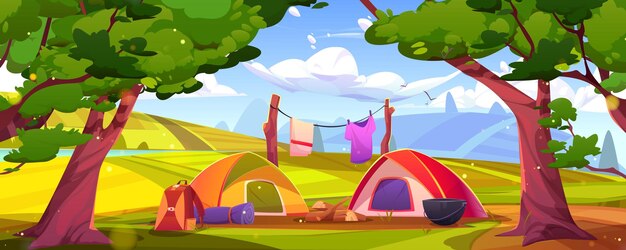 Cena de acampamento de verão com colinas de tendas e florestas