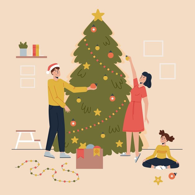 Cena de decoração de árvore de natal