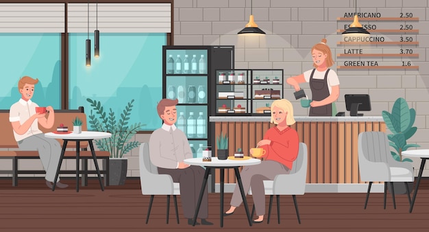 Cena de desenho animado interior do restaurante com pessoas sentadas no café ilustração vetorial