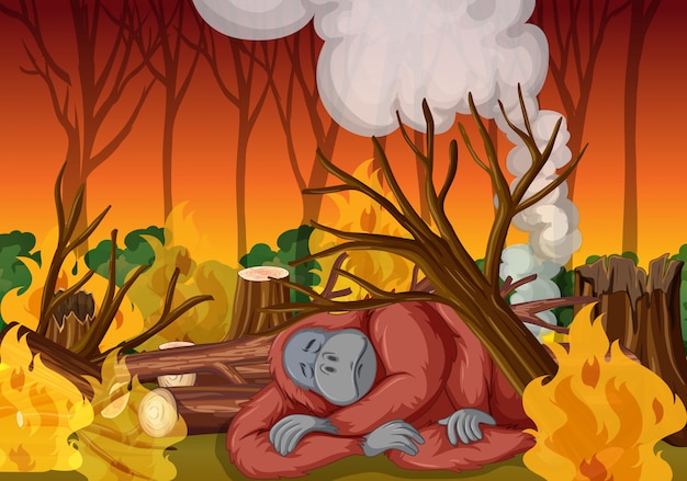 Cena de desmatamento com macaco e incêndio