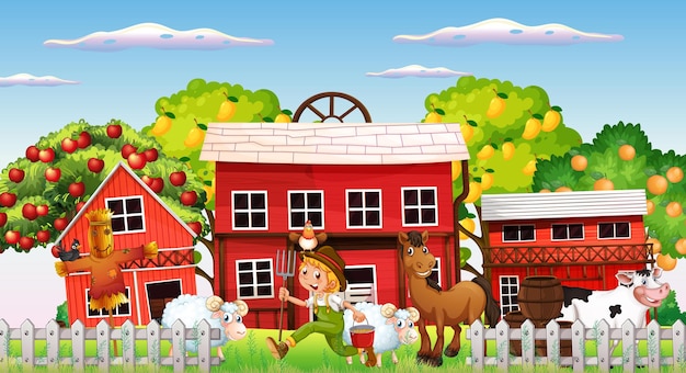 Vetor grátis cena de fazenda com menino fazendeiro e animais de fazenda