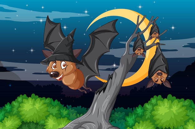 Vetor grátis cena de floresta noturna com grupo de morcegos
