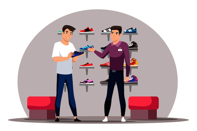 Vetor grátis cena de loja de sapatos com jovem escolhe novo par de tênis de corrida no departamento de calçados esportivos consultor masculino ajuda comprador com compra