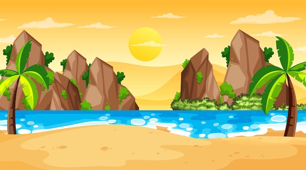 Vetor grátis cena de paisagem de praia tropical na hora do pôr do sol