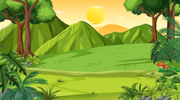 Vetor grátis cena de paisagem de um prado vazio na hora do pôr do sol