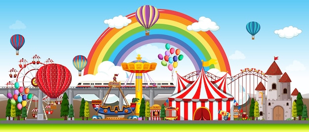 Cena de parque de diversões durante o dia com balões e arco-íris no céu