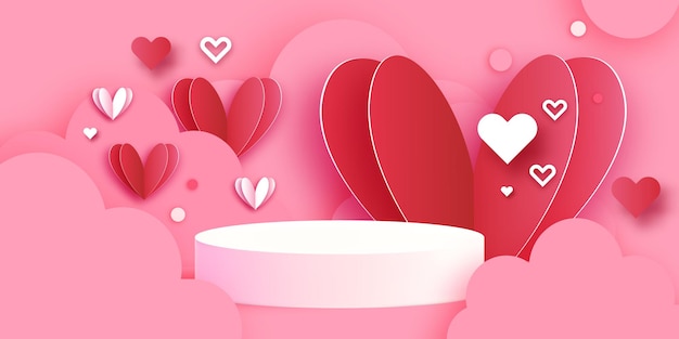 Cena de pódio 3d do dia dos namorados ou pedestal em fundo rosa com formas de artesanato de corte de papel de coração. studio para design de maquete de produto de exibição. círculos. vetor