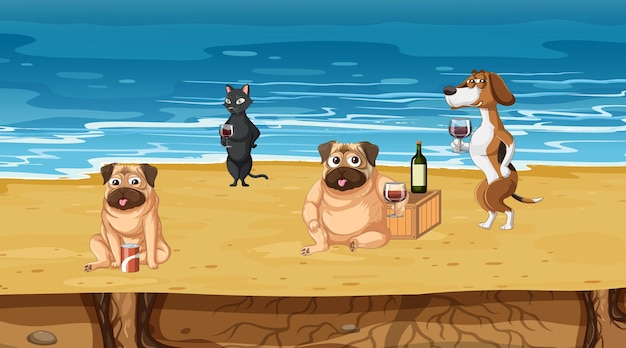 Cena de praia ao ar livre com muitos cães e camelos