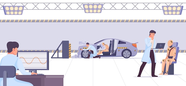 Vetor grátis cena de teste de colisão com manequins de carros esmagados e pessoas trabalhando em ilustração vetorial plana de computador