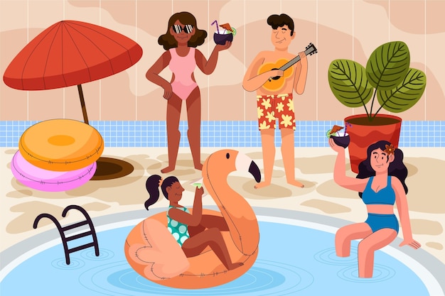 Vetor grátis cena de verão dos desenhos animados na piscina
