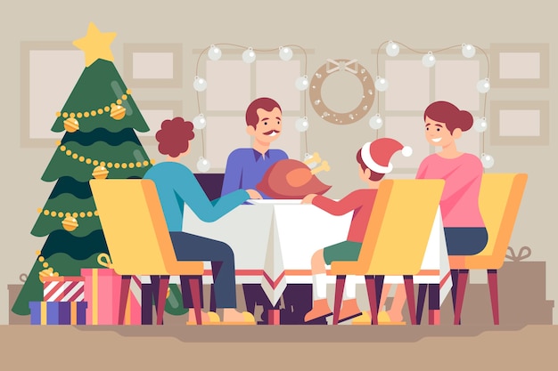 Vetor grátis cena do jantar de natal com pinheiro
