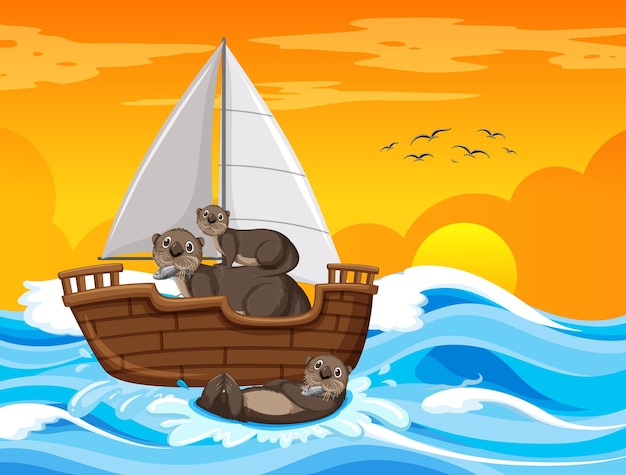 Cena do oceano com lontras em um veleiro
