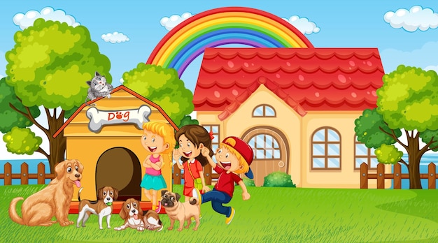 Cena do parque com crianças brincando com seus animais