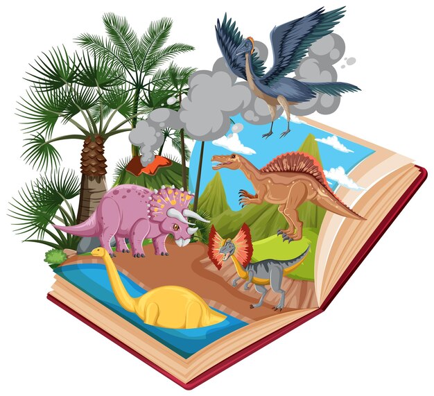 Cena no livro com dinossauros na floresta