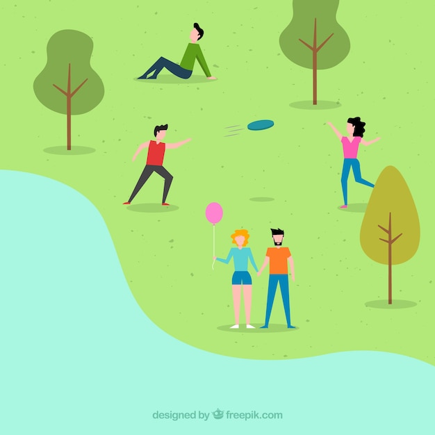 Cena plana de pessoas fazendo atividades no parque