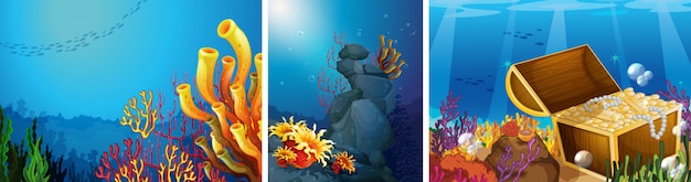 Cena, submarinas, com, recife coral, fundo