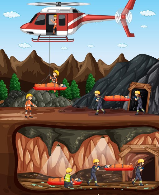 Cena subterrânea com resgate de bombeiro em estilo cartoon