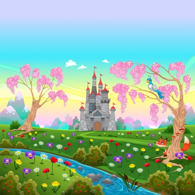 Cenário de conto de fadas com ilustração vetorial castelo dos desenhos animados