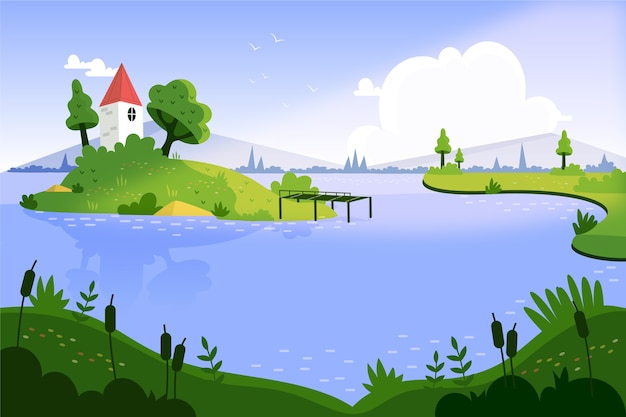 Cenário de lago plano desenhado à mão