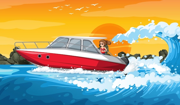 Vetor grátis cenário de ondas do mar com uma mulher dirigindo um barco