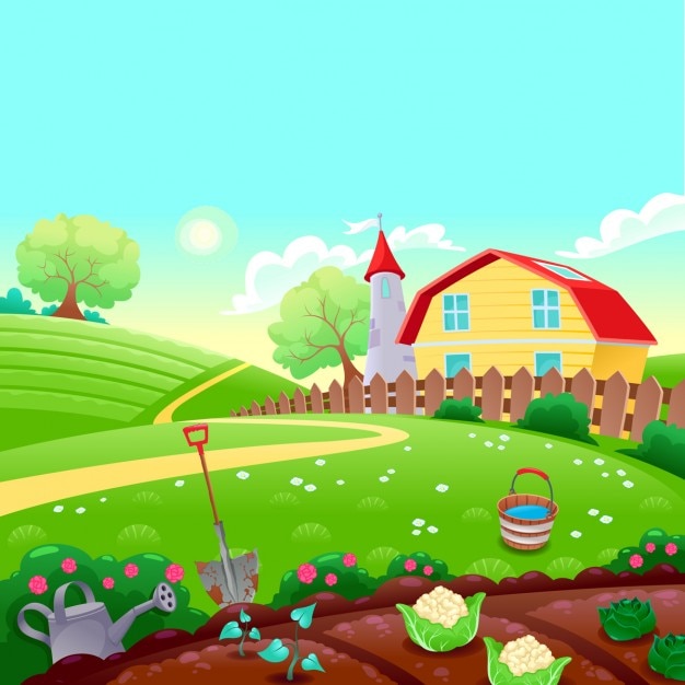 Vetor grátis cenário engraçado campo com horta ilustração do vetor dos desenhos animados