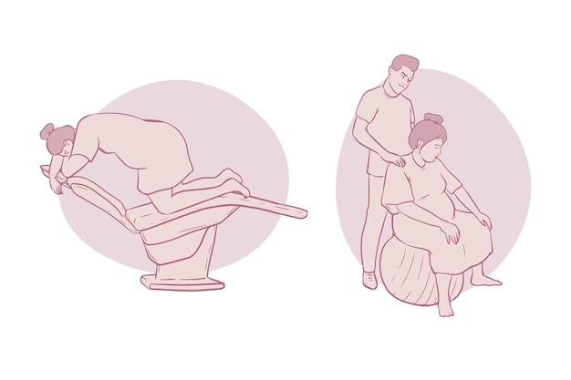 Cenas de partos em casa desenhadas à mão