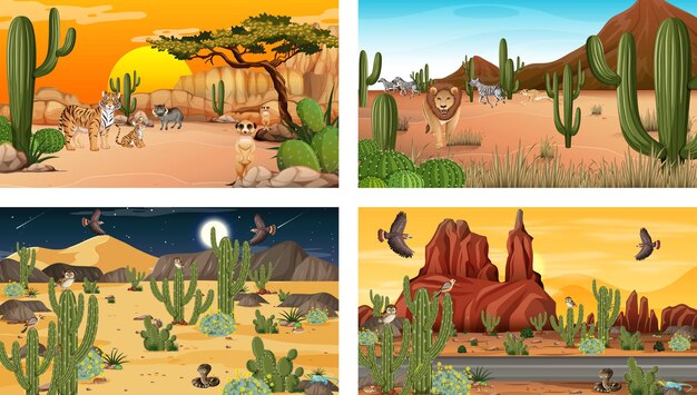 Cenas diferentes com paisagem de floresta desértica com animais e plantas