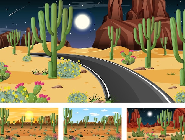 Vetor grátis cenas diferentes com paisagem de floresta do deserto