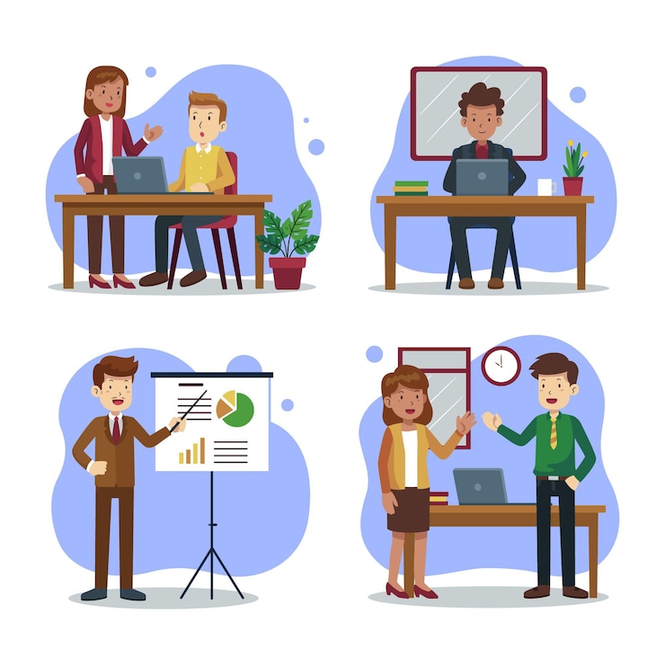 Vetor grátis cenas planas do dia de trabalho