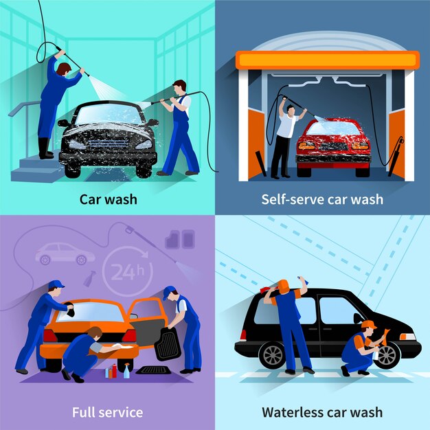 Centro de lavagem de carro completo e instalações de auto-atendimento 4 ícones planas quadrado composição vetor abstrato iso