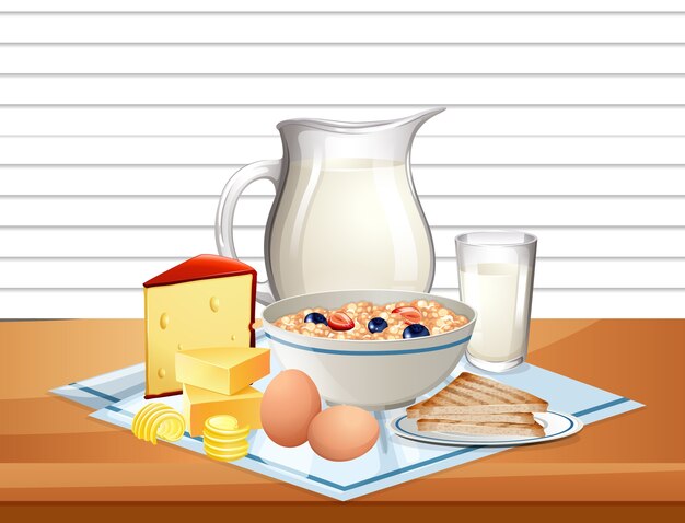 Cereais matinais em uma tigela com jarra de leite em um grupo