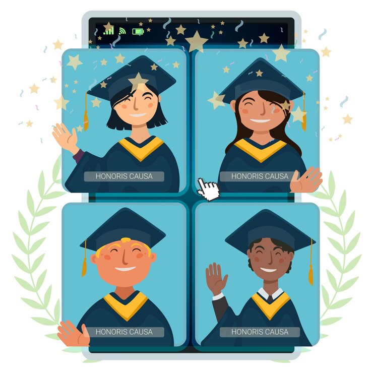 Vetor grátis cerimônia de graduação virtual com acadêmicos