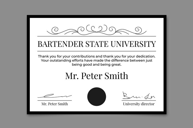 Vetor grátis certificado de bartender peter smith ornamental