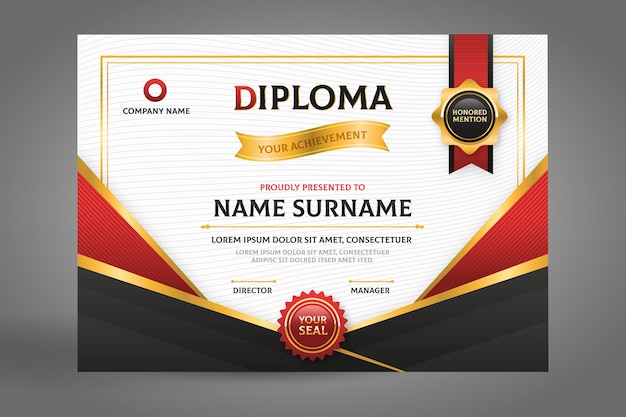 Certificado de diploma preto e vermelho com fita