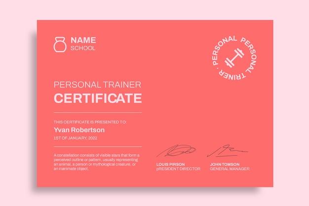 Vetor grátis certificado de personal trainer monocolor yvan