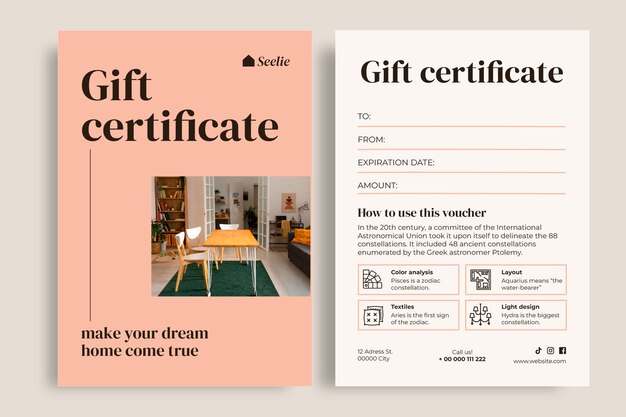 Certificado de presente de design de interiores elegante